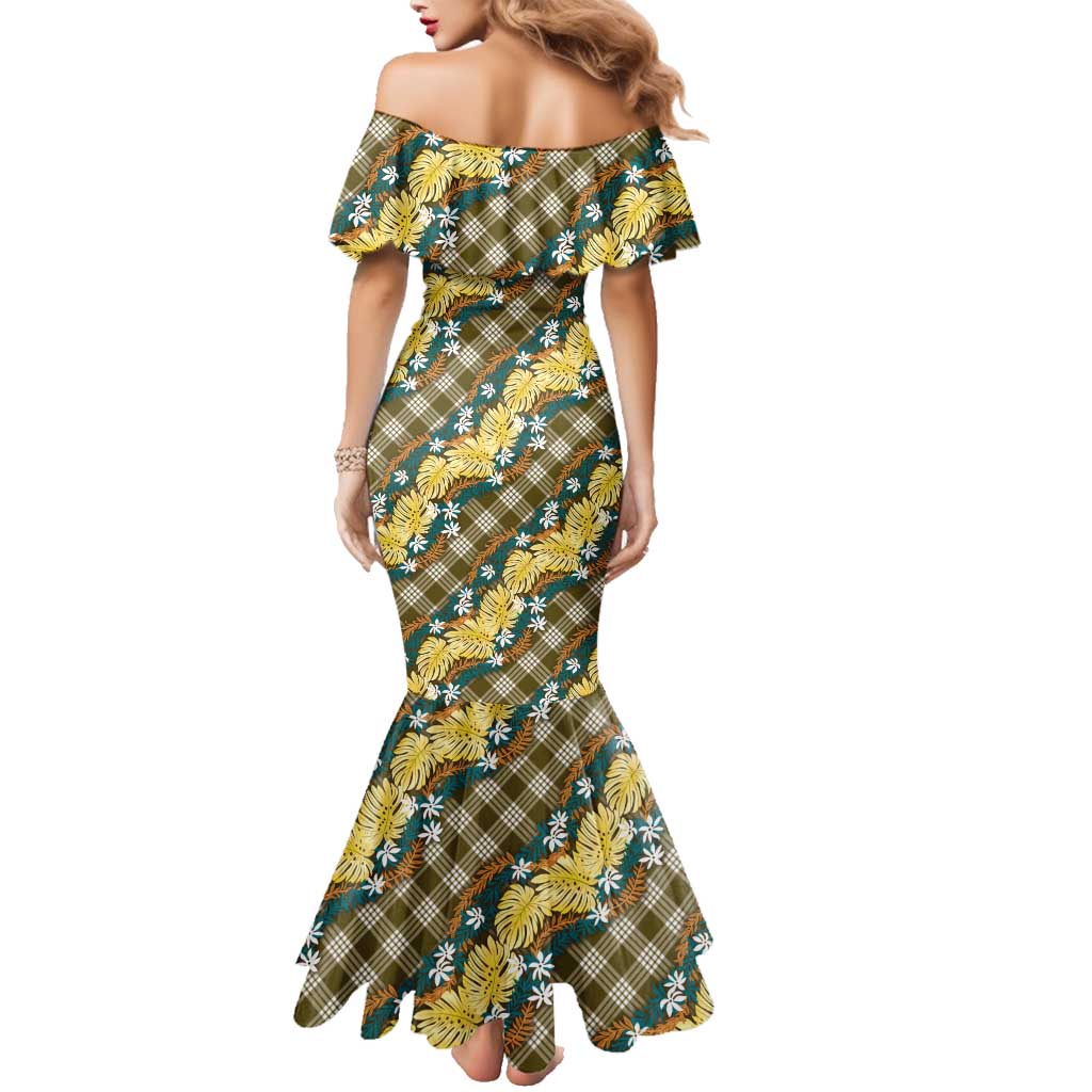 Polynesian Monstera Tiare Floral Family Matching Mermaid Dress and Hawaiian Shirt Yellow Tropical Plaid - Polynesian Pride