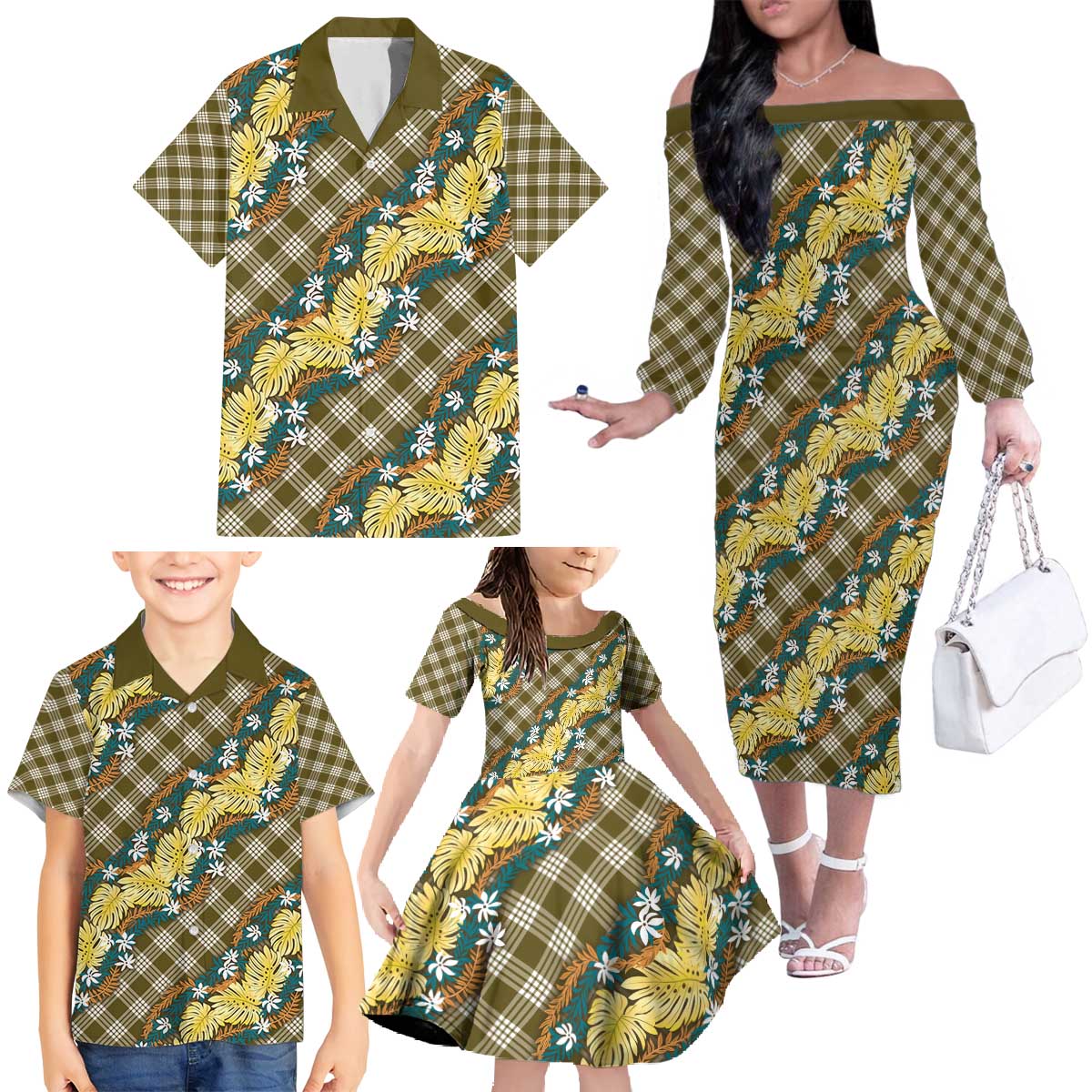 Polynesian Monstera Tiare Floral Family Matching Off The Shoulder Long Sleeve Dress and Hawaiian Shirt Yellow Tropical Plaid - Polynesian Pride