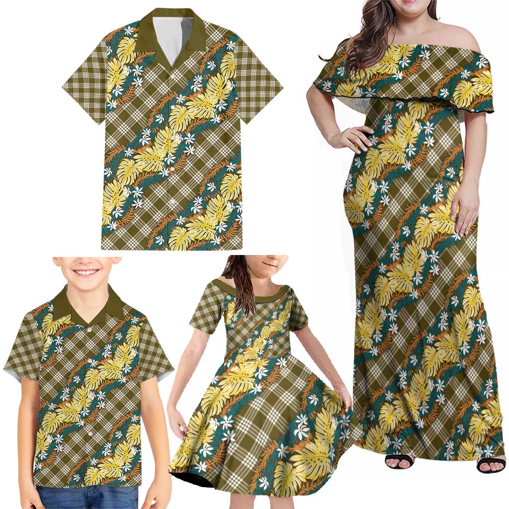 Polynesian Monstera Tiare Floral Family Matching Off Shoulder Maxi Dress and Hawaiian Shirt Yellow Tropical Plaid - Polynesian Pride