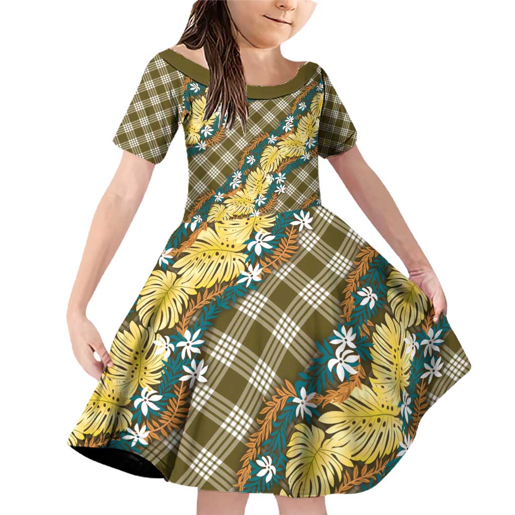 Polynesian Monstera Tiare Floral Family Matching Off Shoulder Short Dress and Hawaiian Shirt Yellow Tropical Plaid - Polynesian Pride