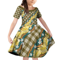 Polynesian Monstera Tiare Floral Family Matching Off Shoulder Short Dress and Hawaiian Shirt Yellow Tropical Plaid - Polynesian Pride