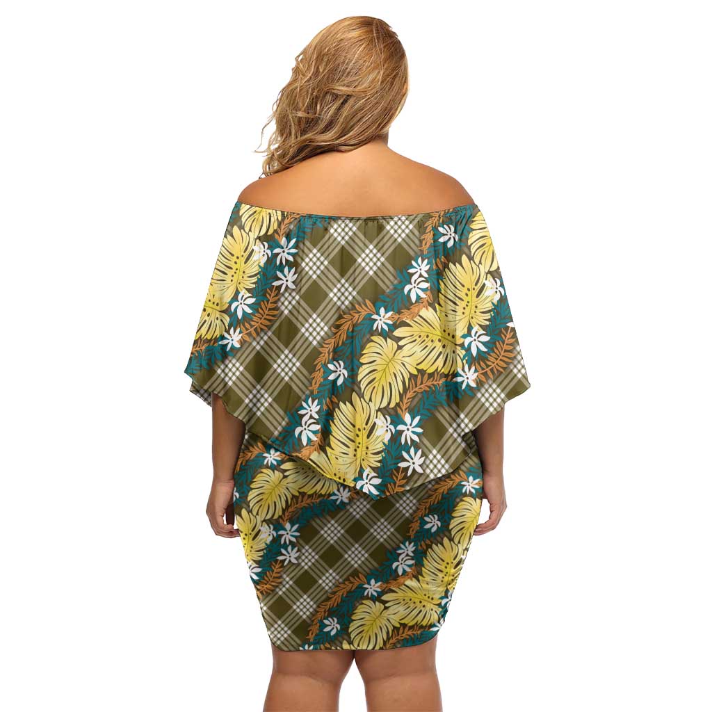Polynesian Monstera Tiare Floral Family Matching Off Shoulder Short Dress and Hawaiian Shirt Yellow Tropical Plaid - Polynesian Pride