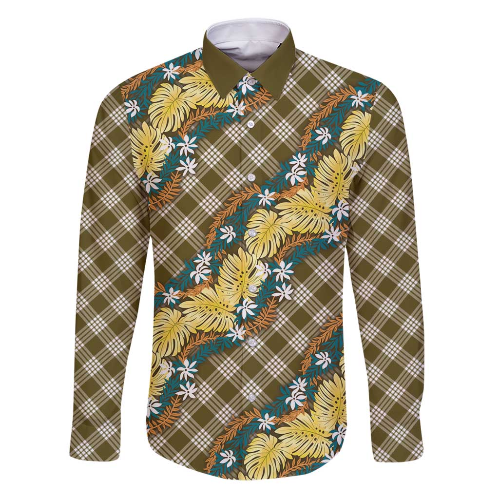 Polynesian Monstera Tiare Floral Family Matching Puletasi and Hawaiian Shirt Yellow Tropical Plaid - Polynesian Pride