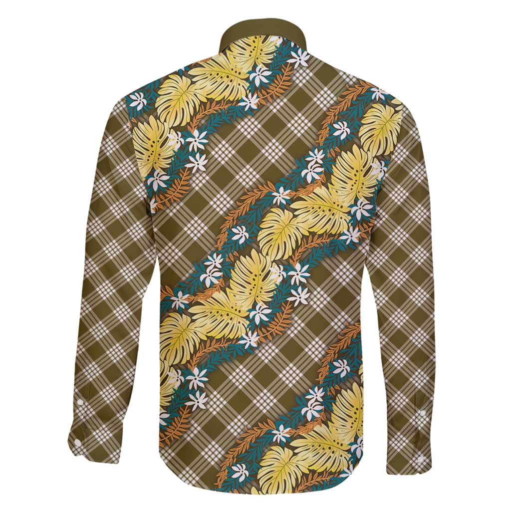 Polynesian Monstera Tiare Floral Family Matching Puletasi and Hawaiian Shirt Yellow Tropical Plaid - Polynesian Pride