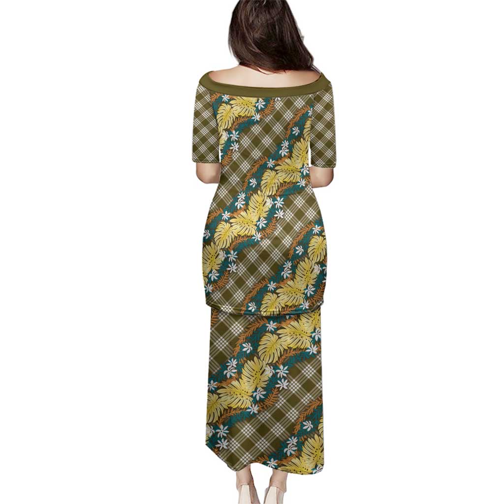Polynesian Monstera Tiare Floral Family Matching Puletasi and Hawaiian Shirt Yellow Tropical Plaid - Polynesian Pride
