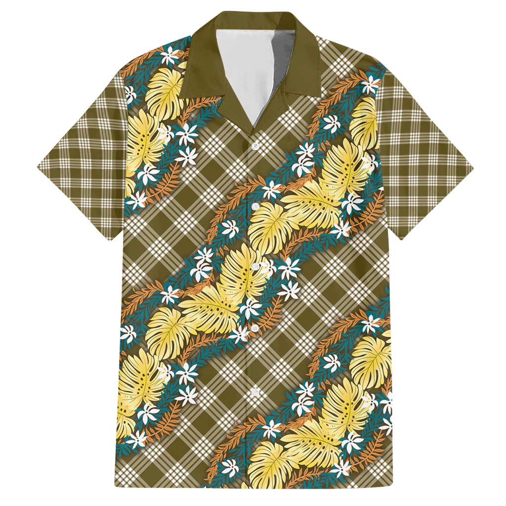 Polynesian Monstera Tiare Floral Family Matching Short Sleeve Bodycon Dress and Hawaiian Shirt Yellow Tropical Plaid - Polynesian Pride