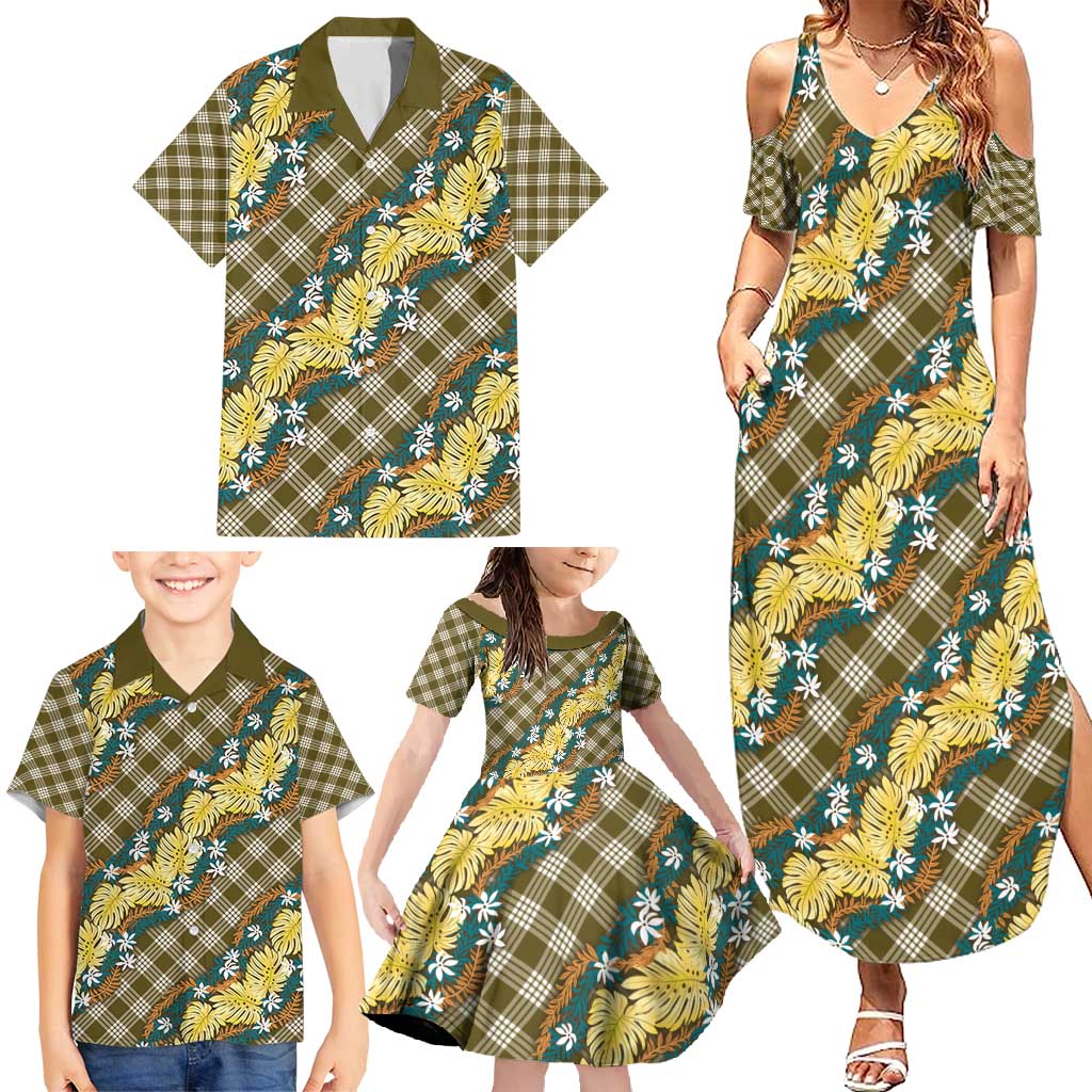 Polynesian Monstera Tiare Floral Family Matching Summer Maxi Dress and Hawaiian Shirt Yellow Tropical Plaid - Polynesian Pride