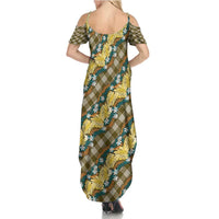 Polynesian Monstera Tiare Floral Family Matching Summer Maxi Dress and Hawaiian Shirt Yellow Tropical Plaid - Polynesian Pride
