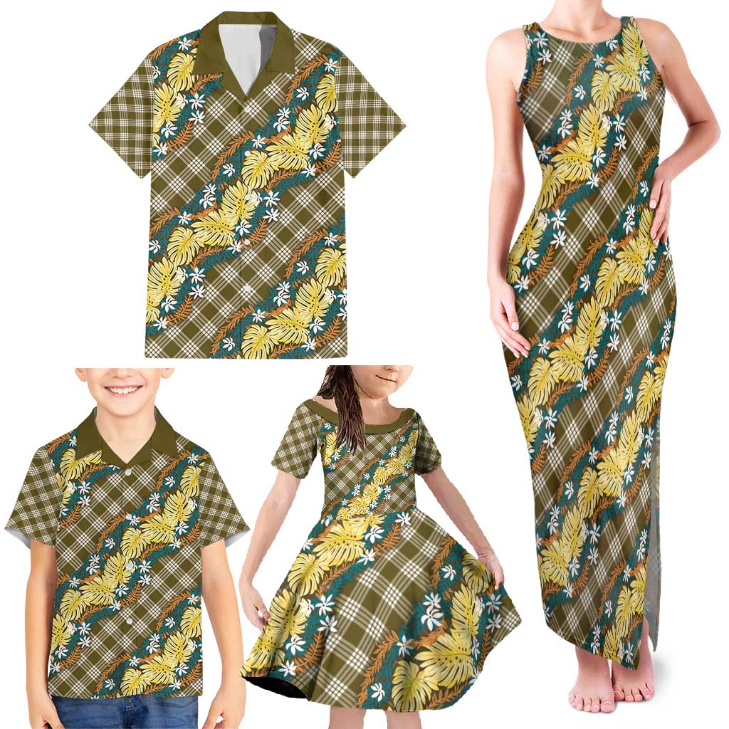 Polynesian Monstera Tiare Floral Family Matching Tank Maxi Dress and Hawaiian Shirt Yellow Tropical Plaid - Polynesian Pride