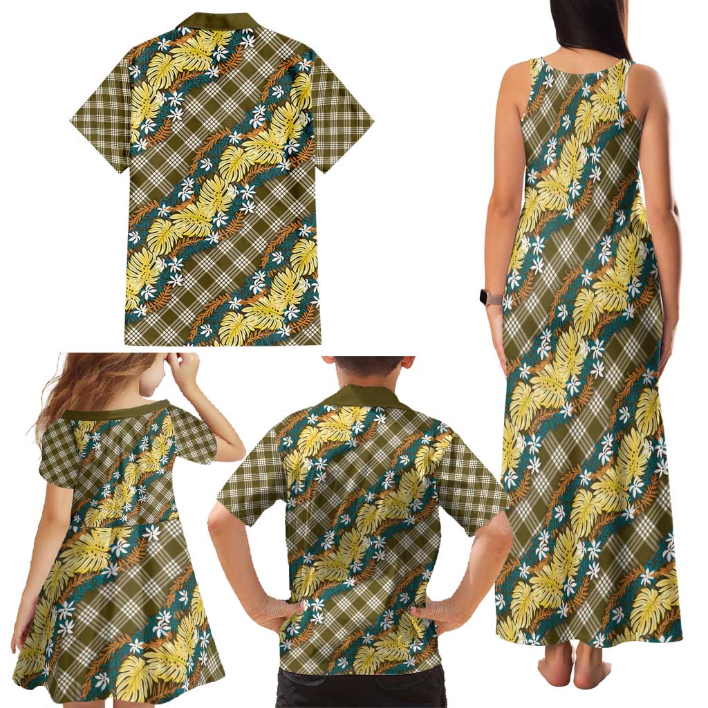 Polynesian Monstera Tiare Floral Family Matching Tank Maxi Dress and Hawaiian Shirt Yellow Tropical Plaid - Polynesian Pride