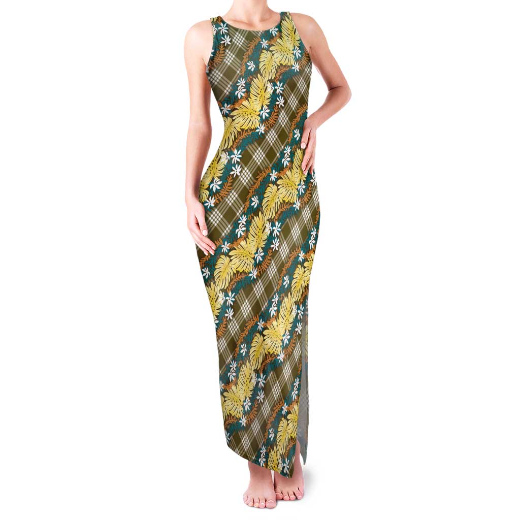 Polynesian Monstera Tiare Floral Family Matching Tank Maxi Dress and Hawaiian Shirt Yellow Tropical Plaid - Polynesian Pride