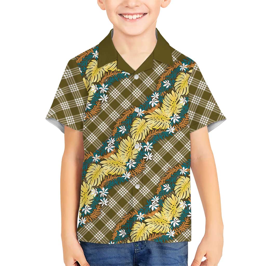 Polynesian Monstera Tiare Floral Kid Hawaiian Shirt Yellow Tropical Plaid LT01 Kid Yellow - Polynesian Pride