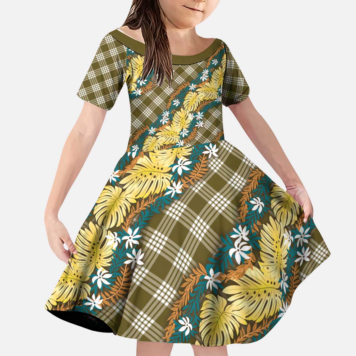 Polynesian Monstera Tiare Floral Kid Short Sleeve Dress Yellow Tropical Plaid LT01 KID Yellow - Polynesian Pride