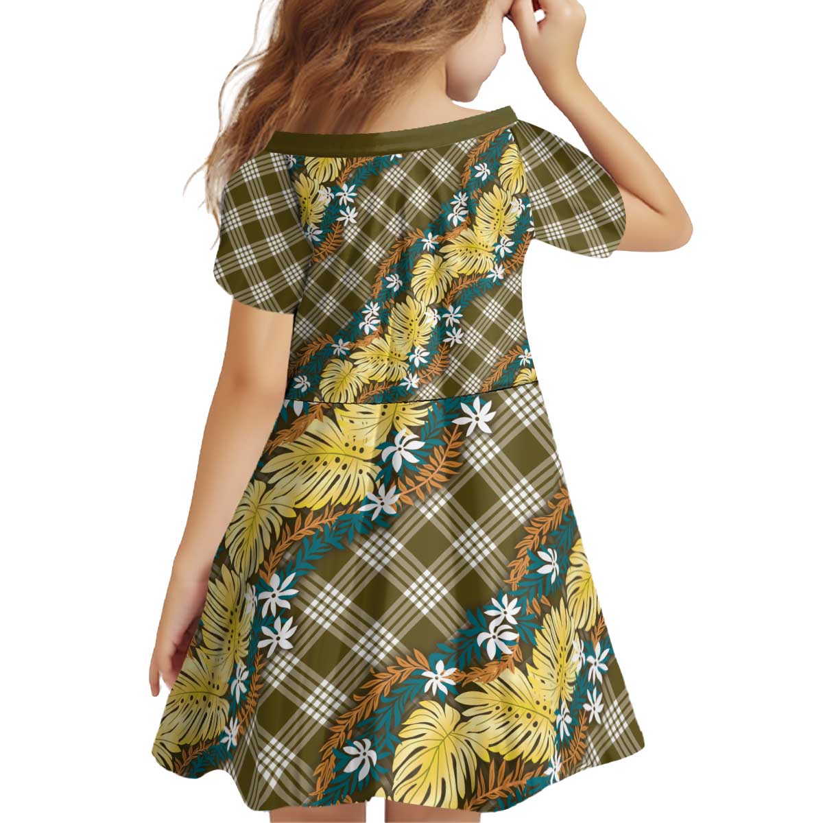 Polynesian Monstera Tiare Floral Kid Short Sleeve Dress Yellow Tropical Plaid LT01 - Polynesian Pride