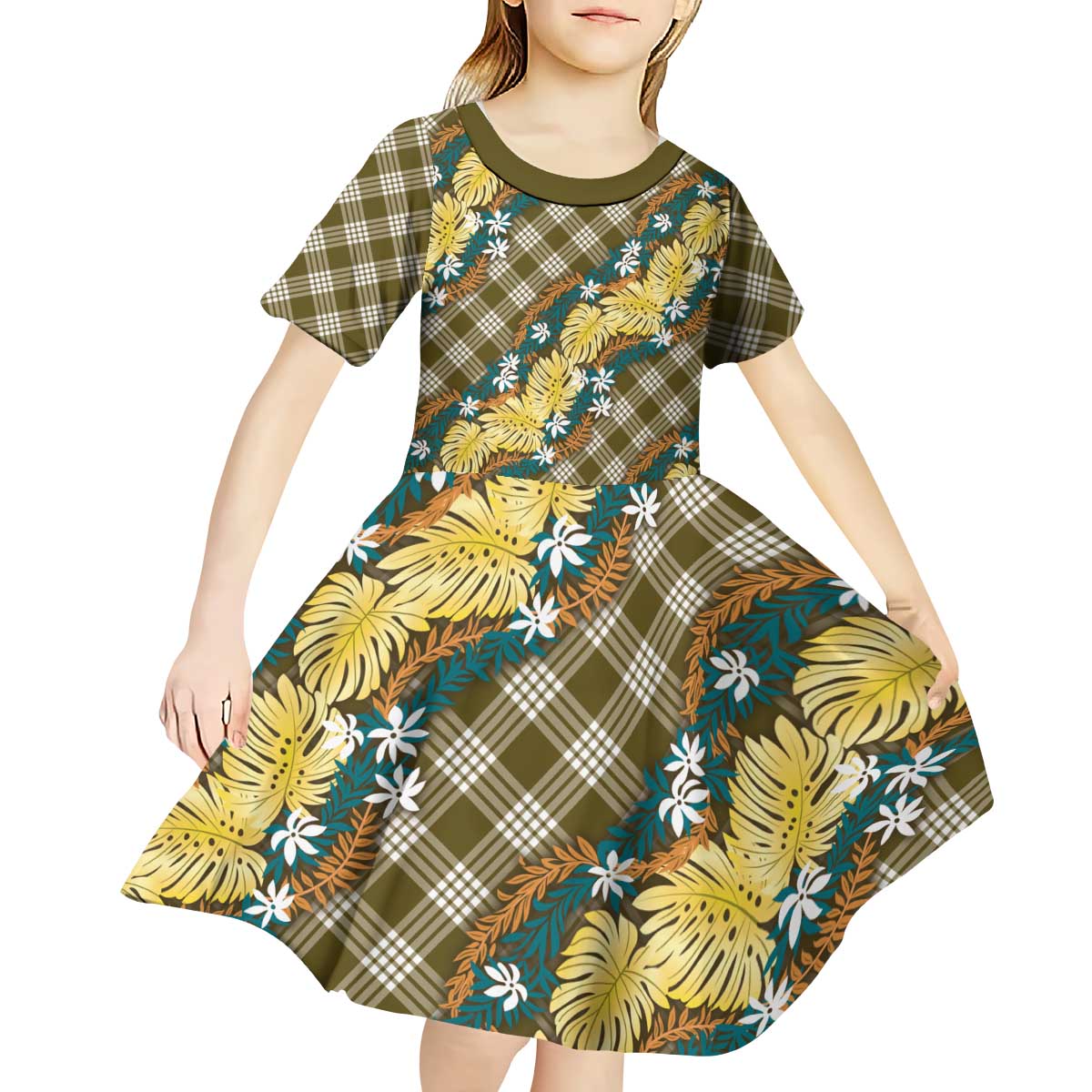 Polynesian Monstera Tiare Floral Kid Short Sleeve Dress Yellow Tropical Plaid LT01 - Polynesian Pride