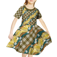Polynesian Monstera Tiare Floral Kid Short Sleeve Dress Yellow Tropical Plaid LT01 - Polynesian Pride