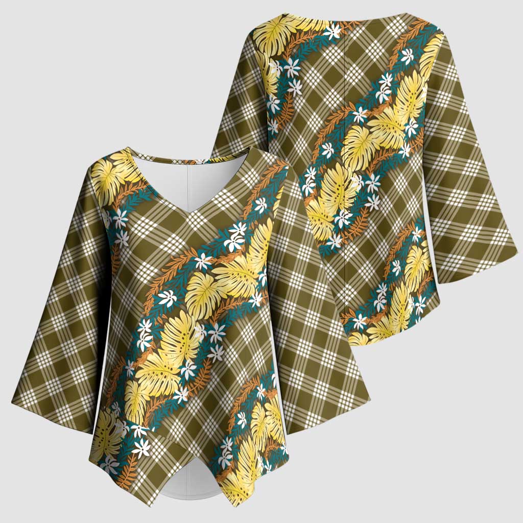 Polynesian Monstera Tiare Floral Kimono Sleeve Blouse Yellow Tropical Plaid LT01 - Polynesian Pride