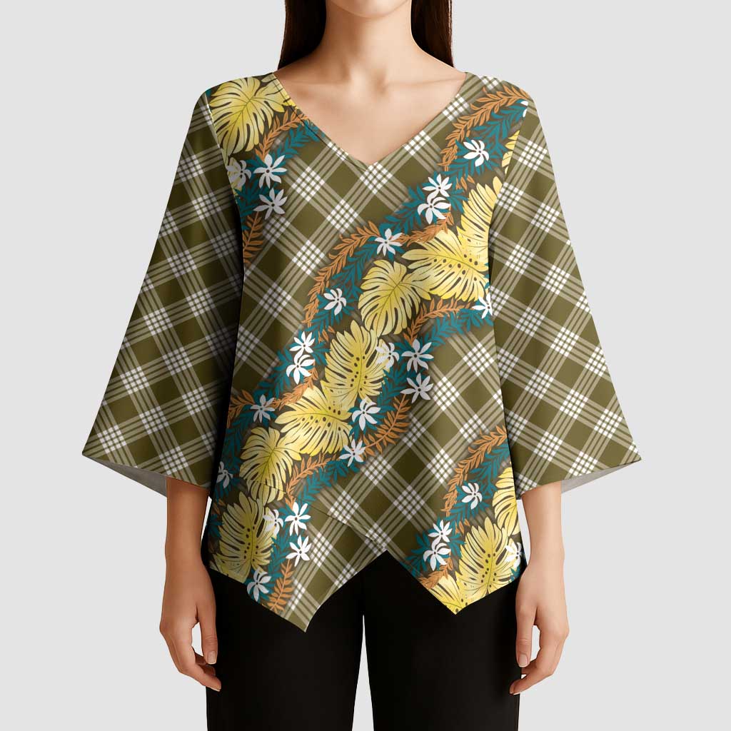 Polynesian Monstera Tiare Floral Kimono Sleeve Blouse Yellow Tropical Plaid LT01 - Polynesian Pride