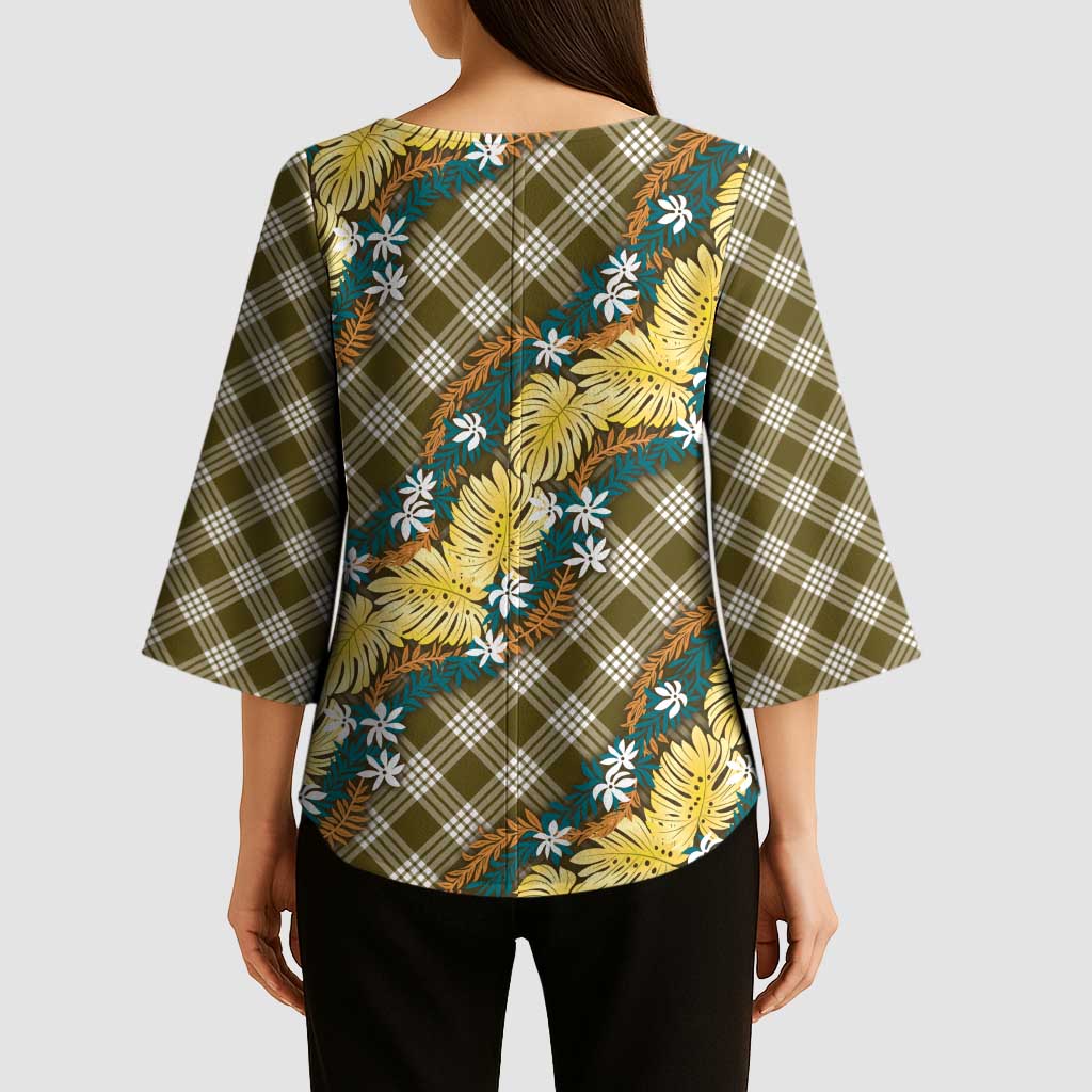 Polynesian Monstera Tiare Floral Kimono Sleeve Blouse Yellow Tropical Plaid LT01 - Polynesian Pride
