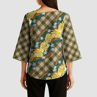 Polynesian Monstera Tiare Floral Kimono Sleeve Blouse Yellow Tropical Plaid LT01 - Polynesian Pride