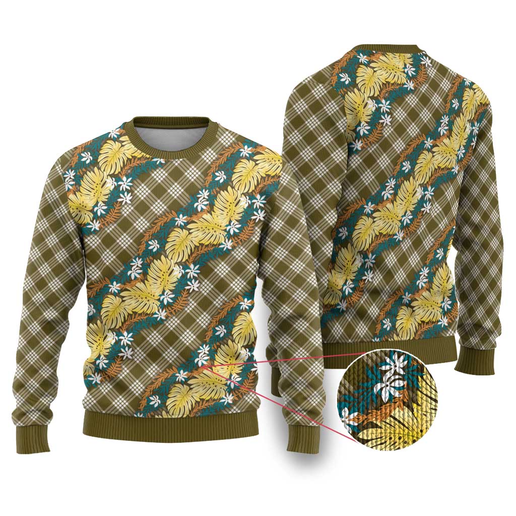 Polynesian Monstera Tiare Floral Ugly Christmas Sweater Yellow Tropical Plaid - Polynesian Pride
