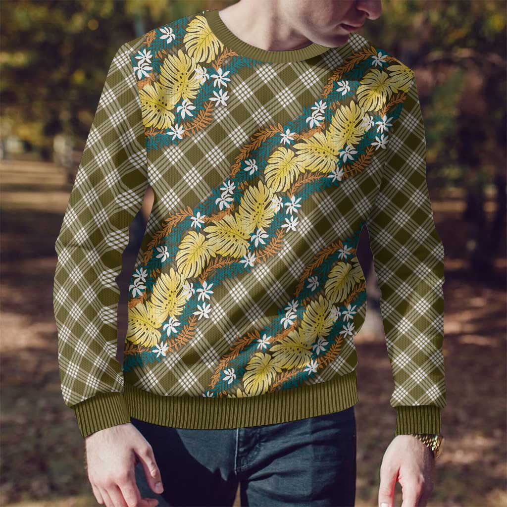 Polynesian Monstera Tiare Floral Ugly Christmas Sweater Yellow Tropical Plaid - Polynesian Pride