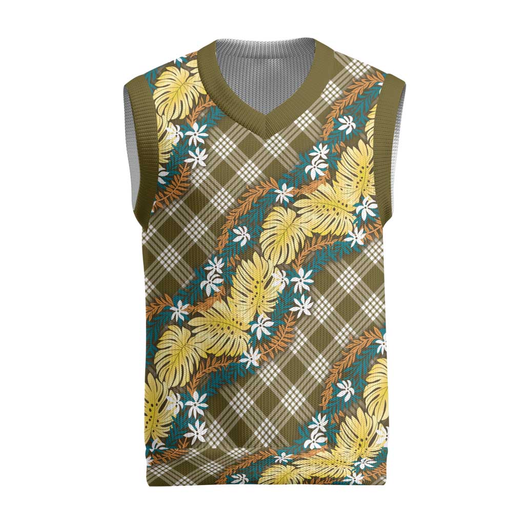 Polynesian Monstera Tiare Floral Christmas Knitted V-Neck Vest Yellow Tropical Plaid LT01 Yellow - Polynesian Pride