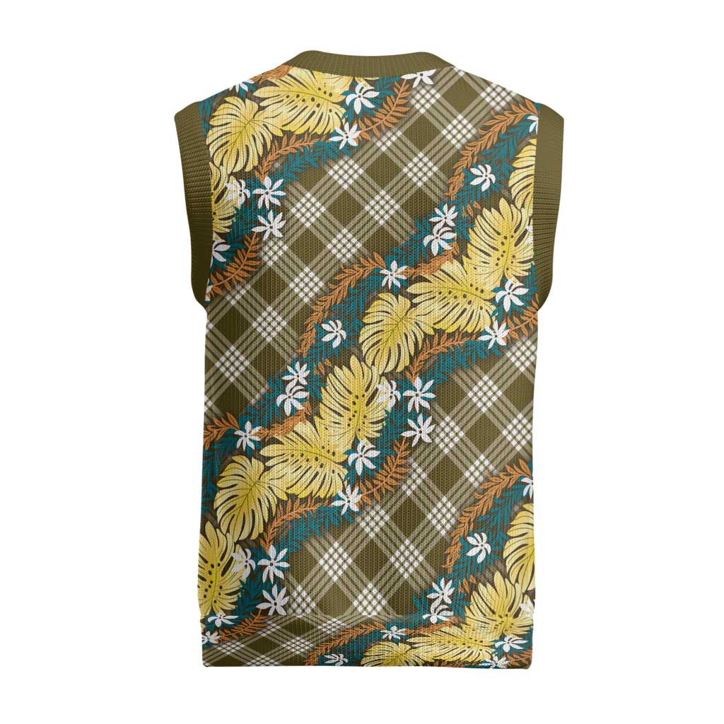 Polynesian Monstera Tiare Floral Christmas Knitted V-Neck Vest Yellow Tropical Plaid LT01 - Polynesian Pride