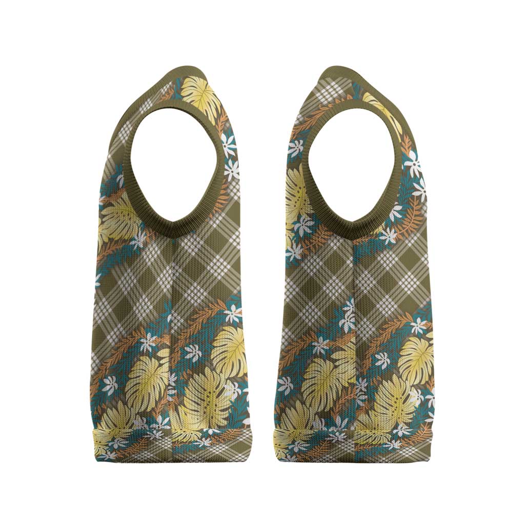 Polynesian Monstera Tiare Floral Christmas Knitted V-Neck Vest Yellow Tropical Plaid LT01 - Polynesian Pride