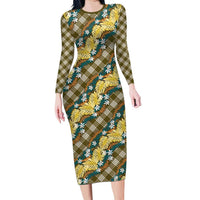 Polynesian Monstera Tiare Floral Long Sleeve Bodycon Dress Yellow Tropical Plaid - Polynesian Pride