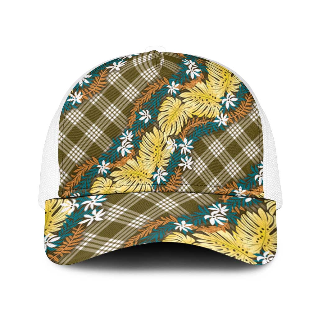 Polynesian Monstera Tiare Floral Mesh Trucker Cap Yellow Tropical Plaid - Polynesian Pride