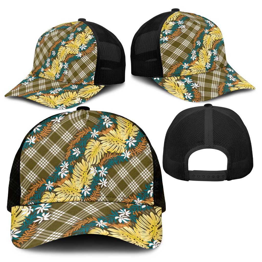 Polynesian Monstera Tiare Floral Mesh Trucker Cap Yellow Tropical Plaid - Polynesian Pride