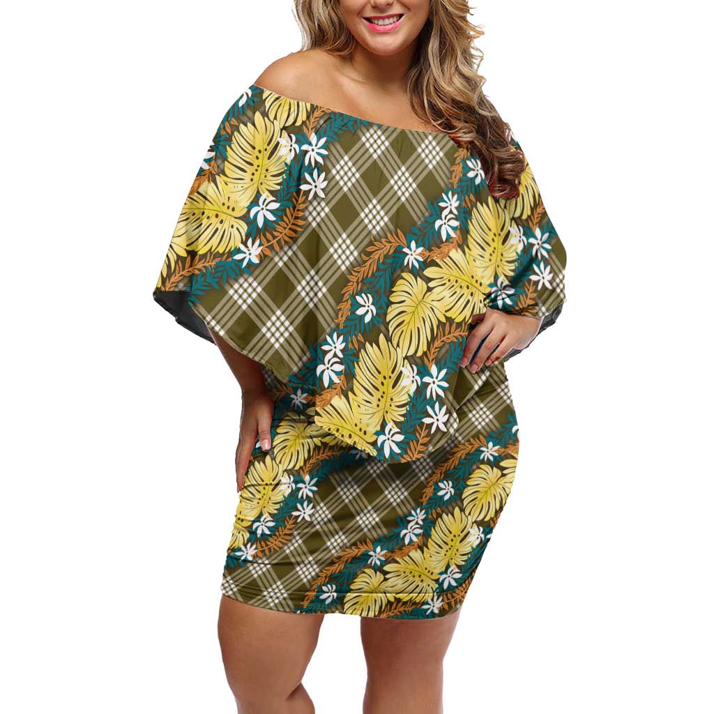 Polynesian Monstera Tiare Floral Off Shoulder Short Dress Yellow Tropical Plaid LT01 Women Yellow - Polynesian Pride