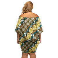 Polynesian Monstera Tiare Floral Off Shoulder Short Dress Yellow Tropical Plaid LT01 - Polynesian Pride