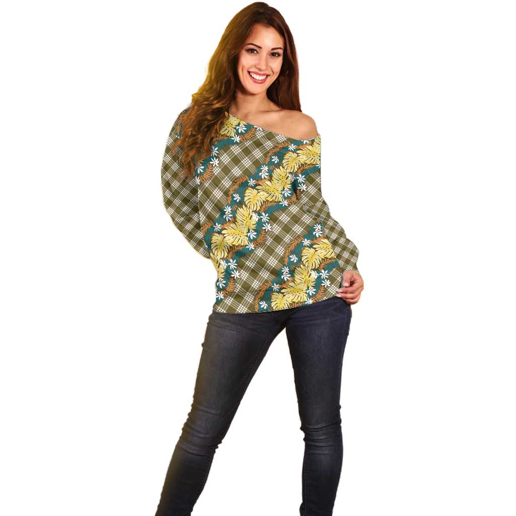 Polynesian Monstera Tiare Floral Off Shoulder Sweater Yellow Tropical Plaid - Polynesian Pride