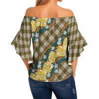 Polynesian Monstera Tiare Floral Off Shoulder Wrap Waist Top Yellow Tropical Plaid LT01 - Polynesian Pride