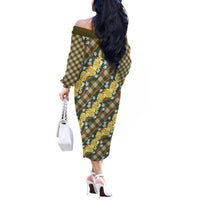 Polynesian Monstera Tiare Floral Off The Shoulder Long Sleeve Dress Yellow Tropical Plaid LT01 - Polynesian Pride