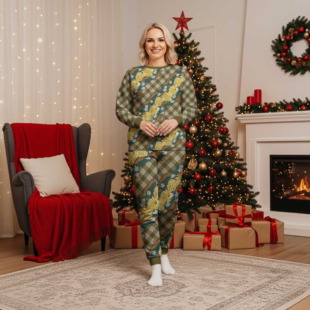 Polynesian Monstera Tiare Floral Christmas Pajama Set Yellow Tropical Plaid LT01 Women Yellow - Polynesian Pride