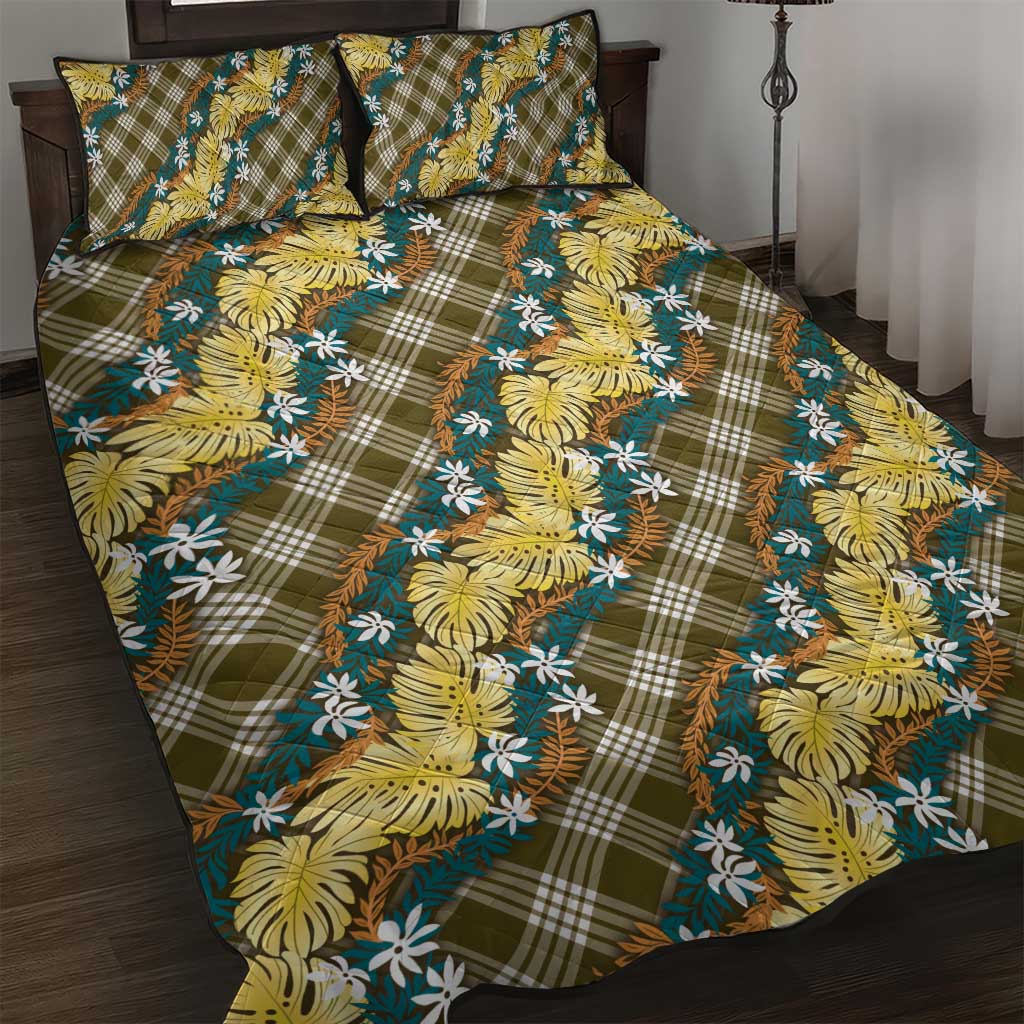 Polynesian Monstera Tiare Floral Quilt Bed Set Yellow Tropical Plaid - Polynesian Pride