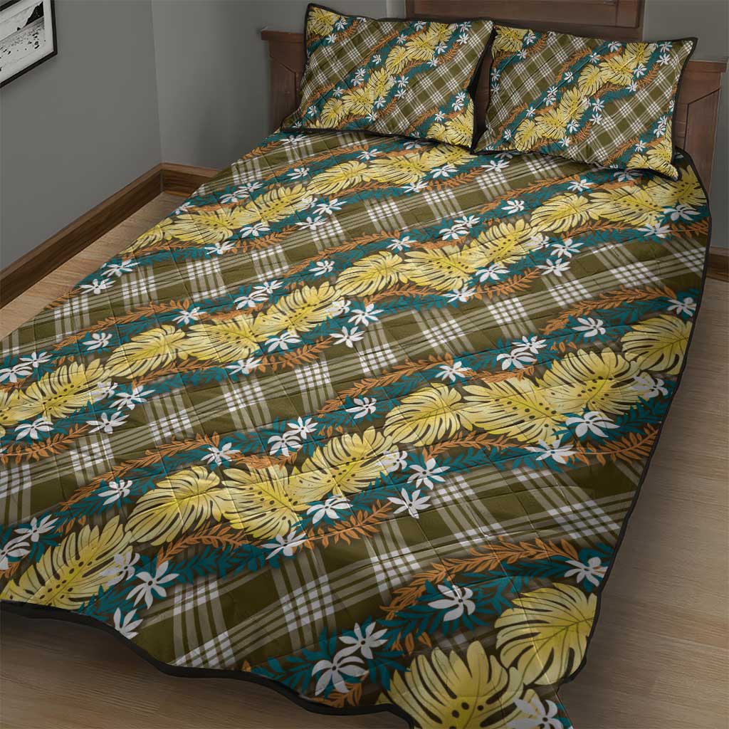 Polynesian Monstera Tiare Floral Quilt Bed Set Yellow Tropical Plaid - Polynesian Pride