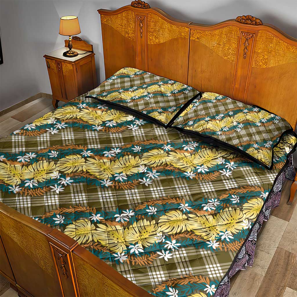 Polynesian Monstera Tiare Floral Quilt Bed Set Yellow Tropical Plaid - Polynesian Pride