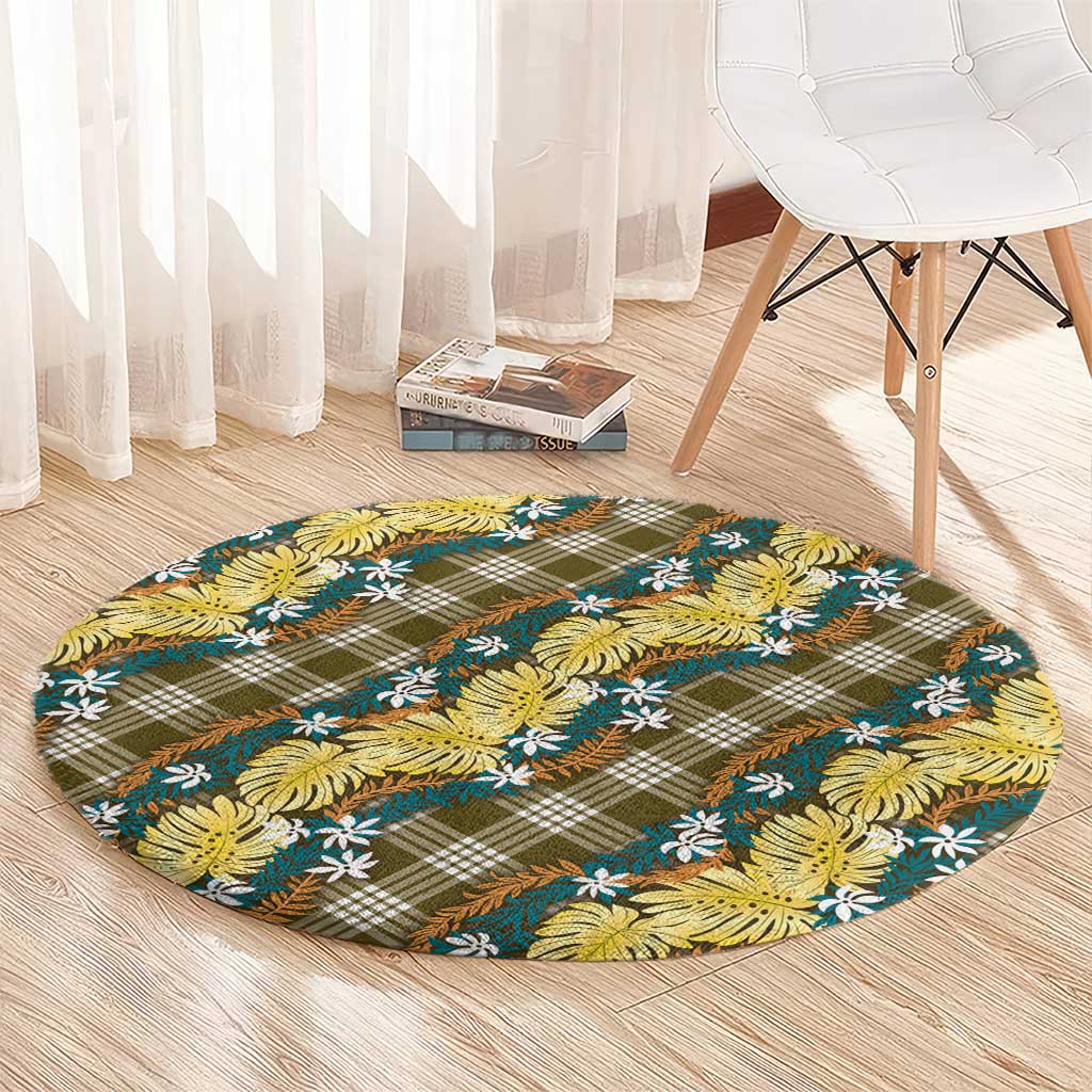 Polynesian Monstera Tiare Floral Round Carpet Yellow Tropical Plaid - Polynesian Pride