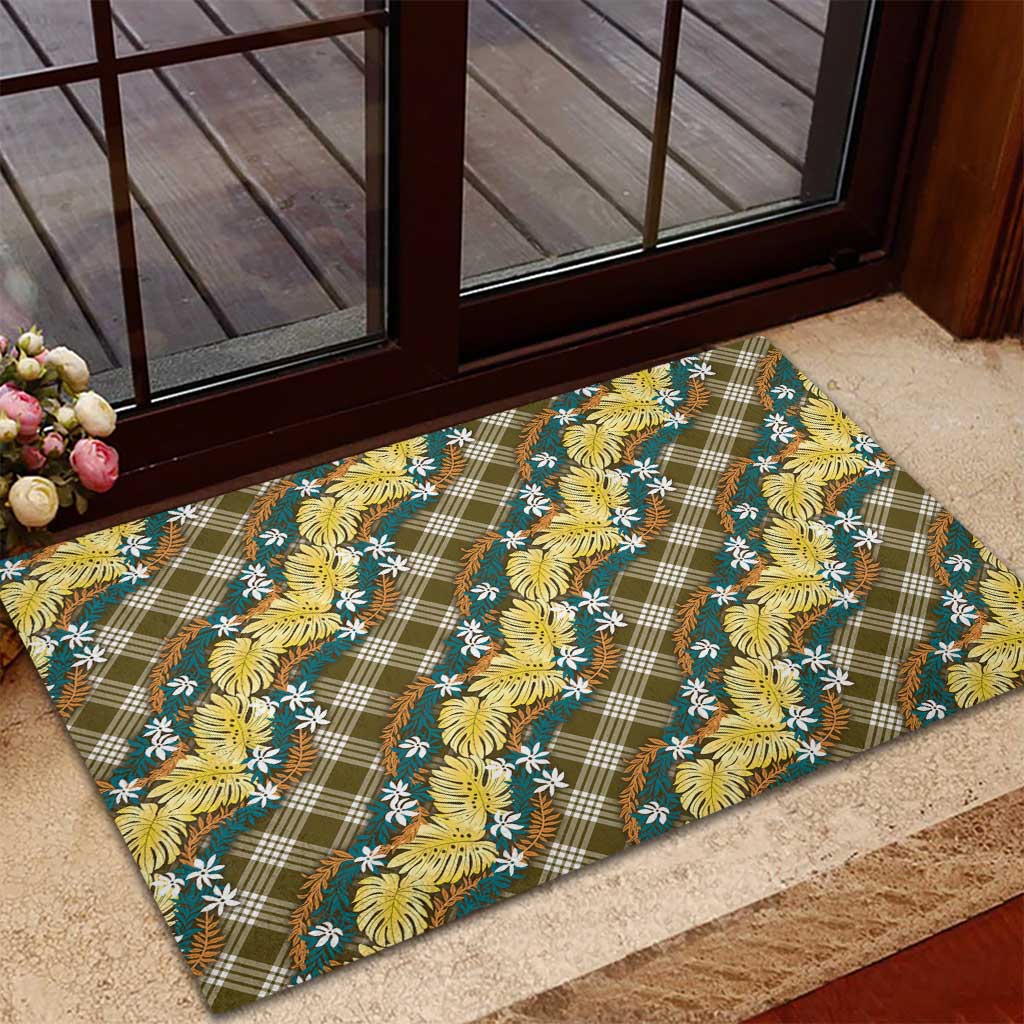 Polynesian Monstera Tiare Floral Rubber Doormat Yellow Tropical Plaid LT01 - Polynesian Pride
