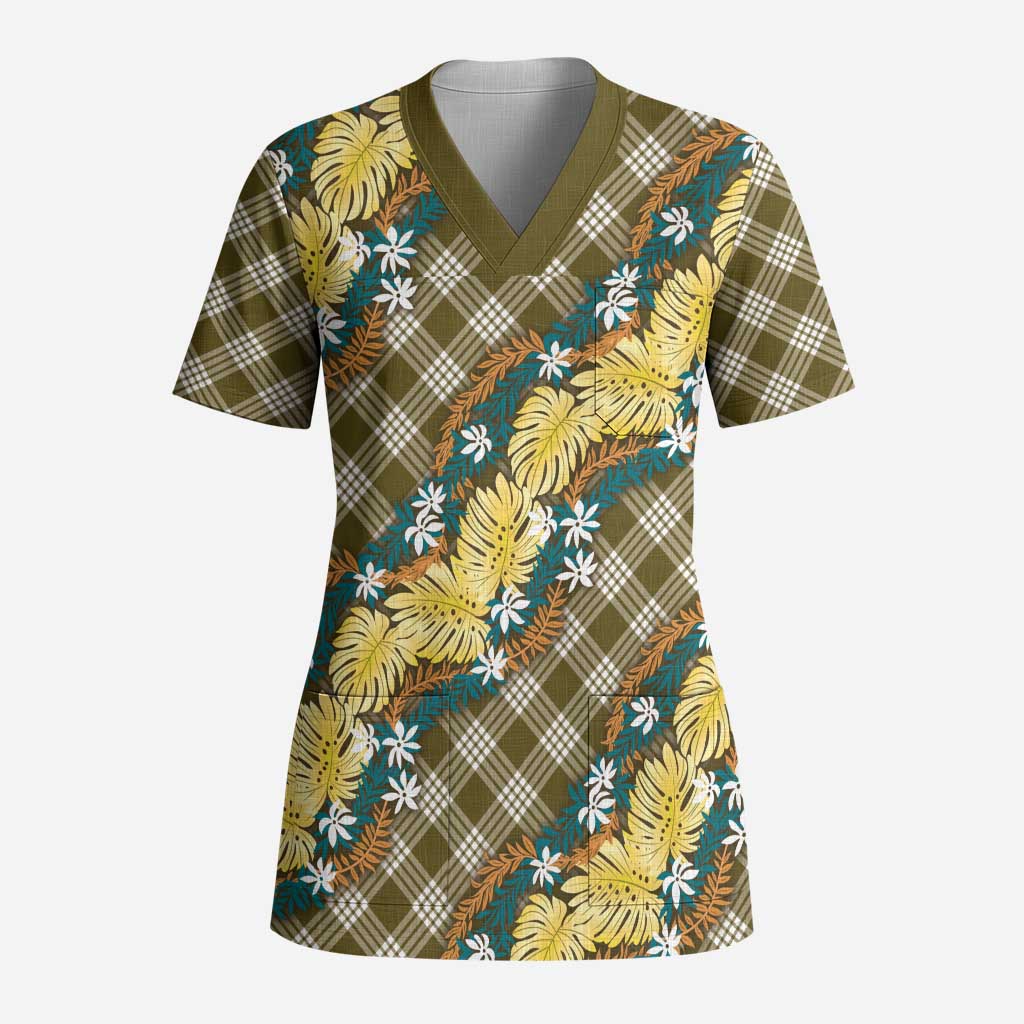 Polynesian Monstera Tiare Floral Scrub Top Yellow Tropical Plaid LT01 Adult Yellow - Polynesian Pride