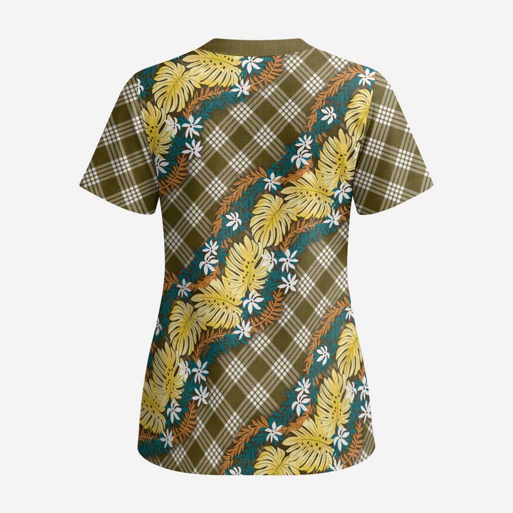 Polynesian Monstera Tiare Floral Scrub Top Yellow Tropical Plaid LT01 - Polynesian Pride