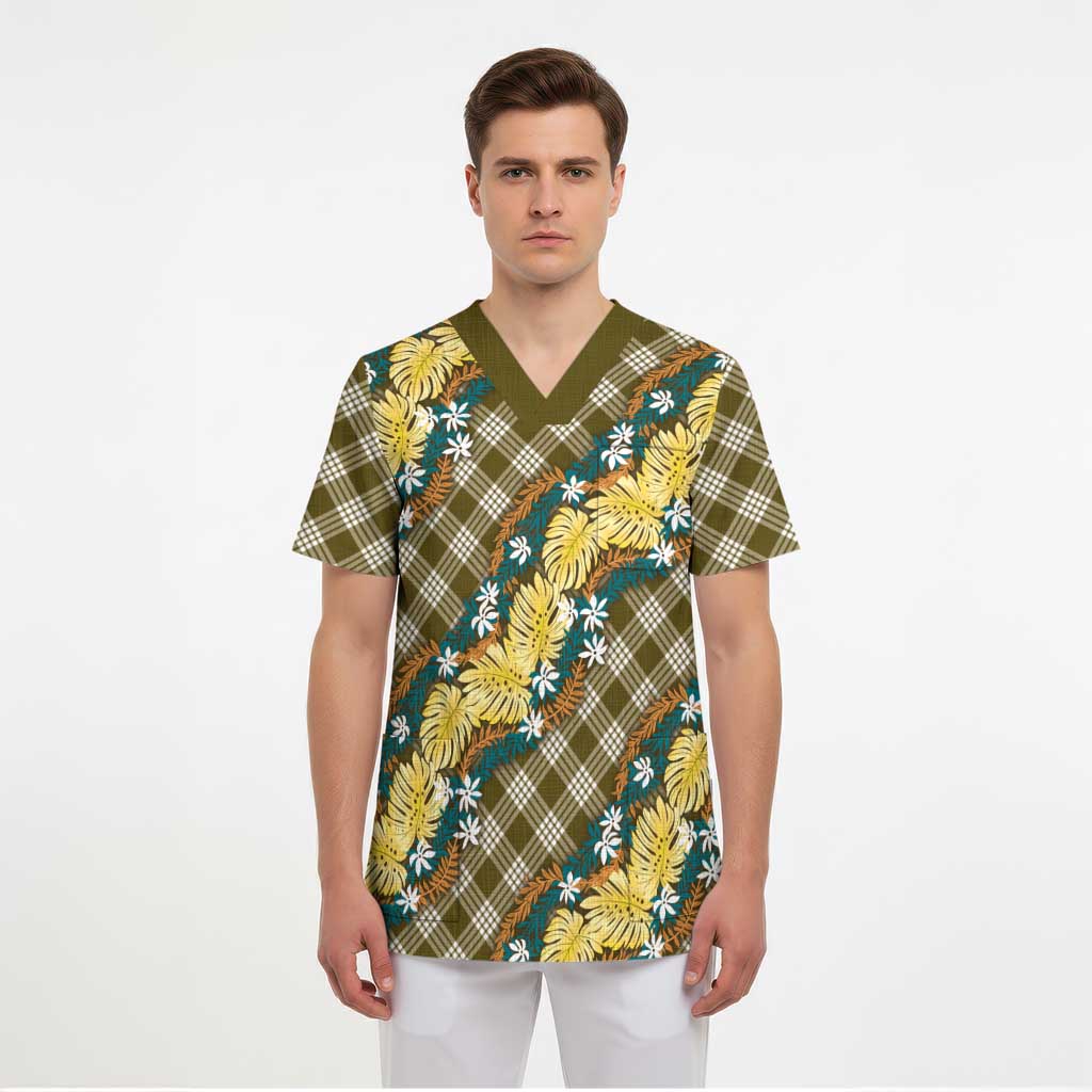 Polynesian Monstera Tiare Floral Scrub Top Yellow Tropical Plaid LT01 - Polynesian Pride