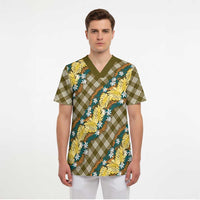 Polynesian Monstera Tiare Floral Scrub Top Yellow Tropical Plaid LT01 - Polynesian Pride