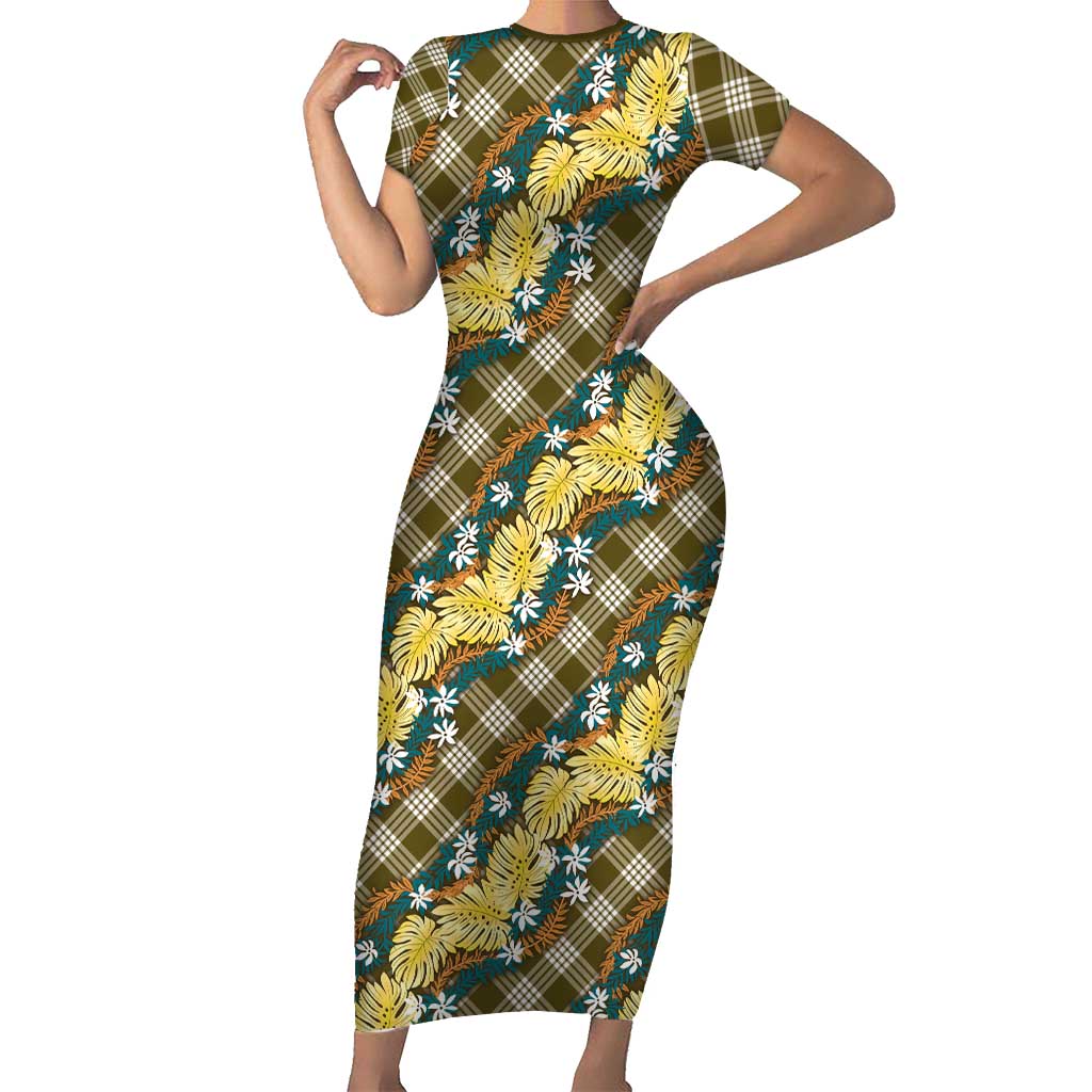 Polynesian Monstera Tiare Floral Short Sleeve Bodycon Dress Yellow Tropical Plaid LT01 Long Dress Yellow - Polynesian Pride