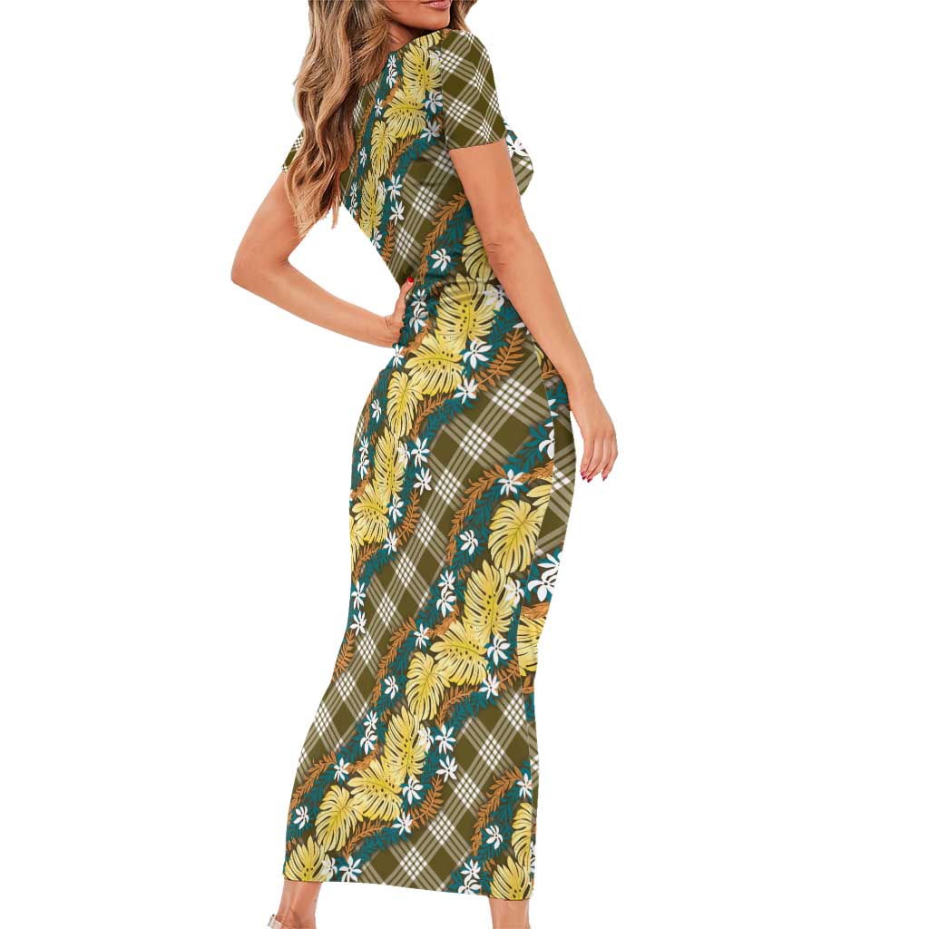 Polynesian Monstera Tiare Floral Short Sleeve Bodycon Dress Yellow Tropical Plaid LT01 - Polynesian Pride