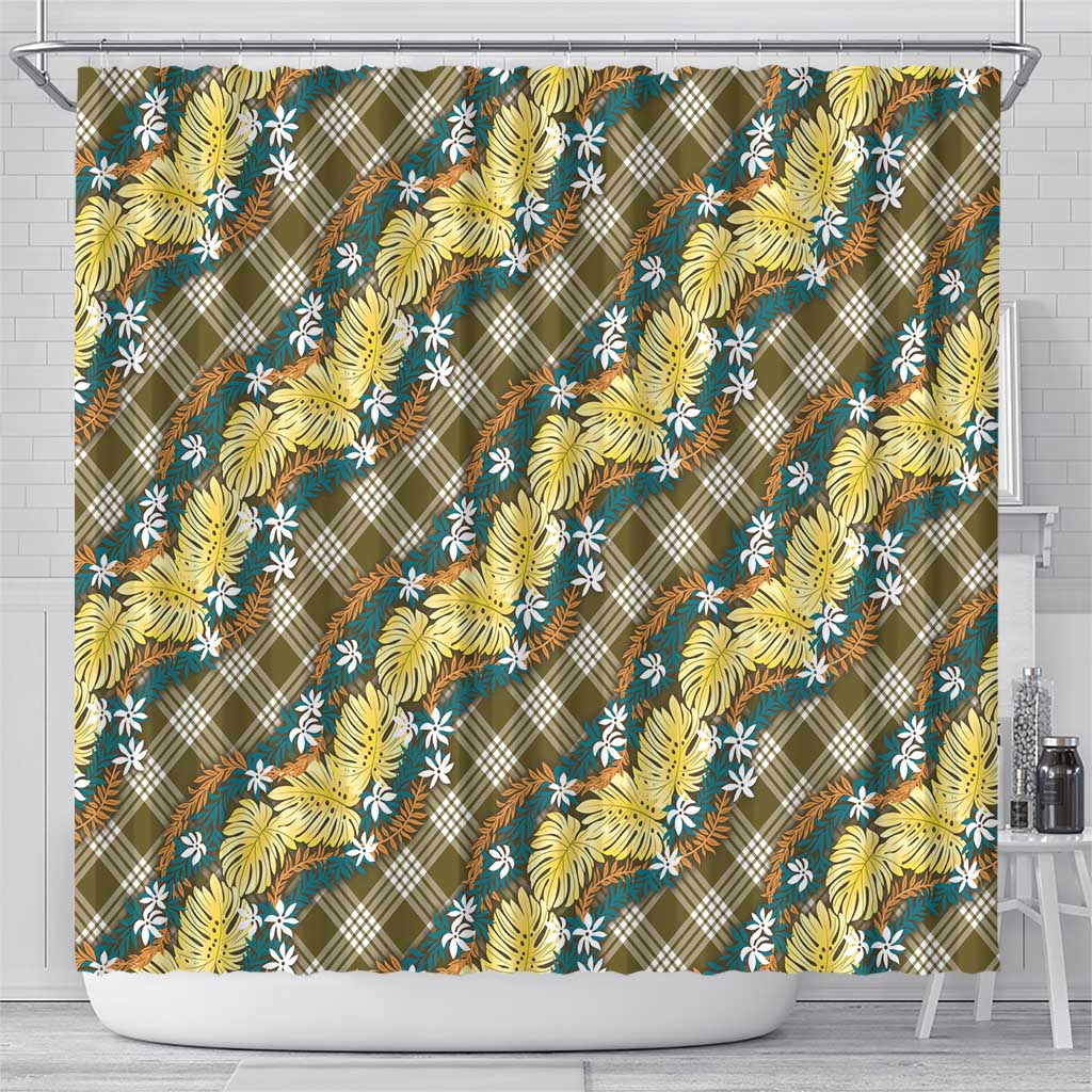 Polynesian Monstera Tiare Floral Shower Curtain Yellow Tropical Plaid - Polynesian Pride